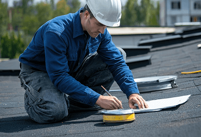 Roof inspector examining shingles on a residential rooftop