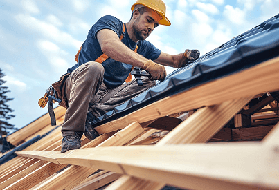 Roofer installing new shingles on a residential roof