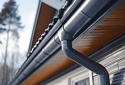 Close-up of gutters installed along a roofline